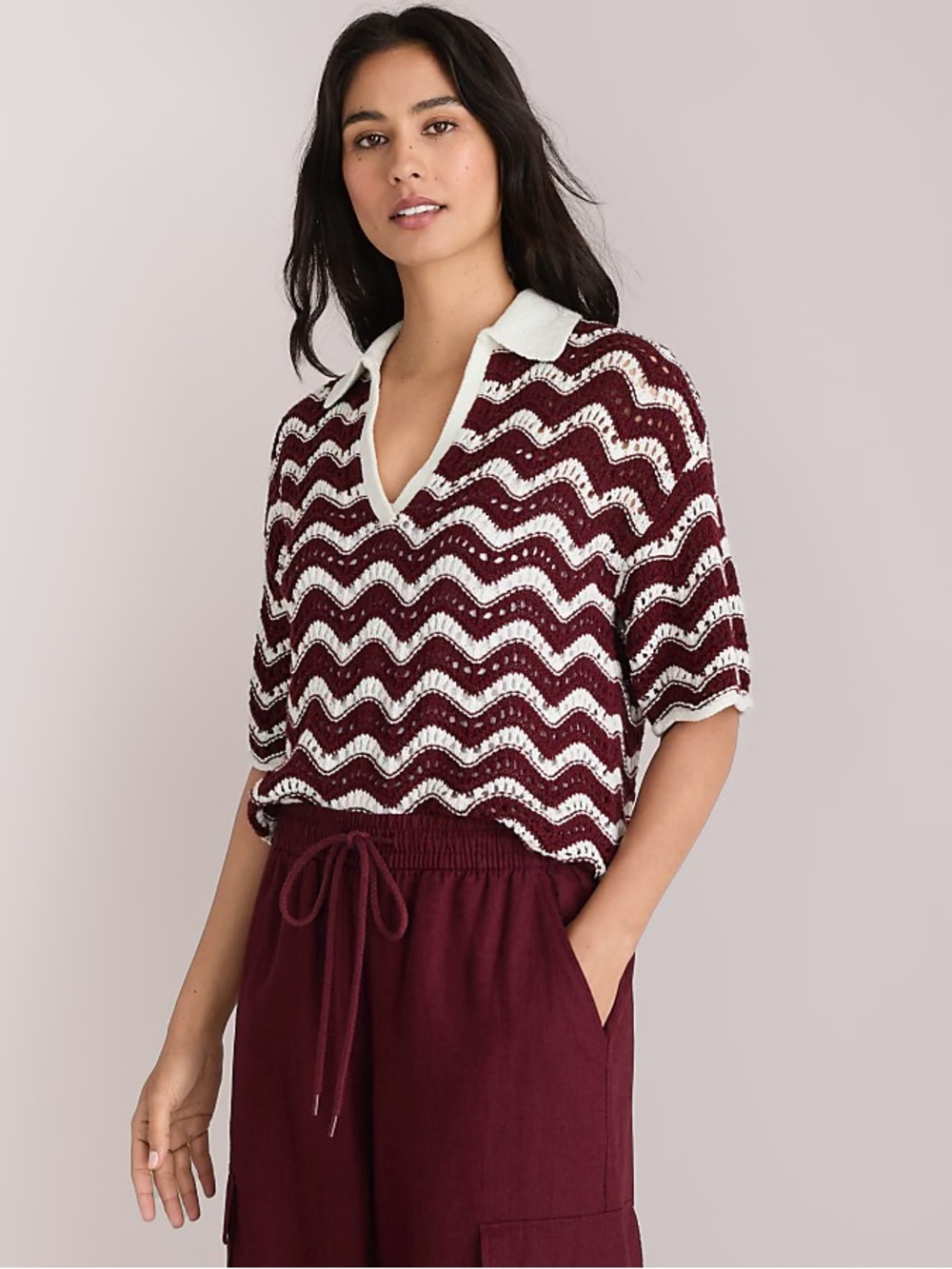 LOFT Maroon and White Chevron V-Neck Polo Sweater